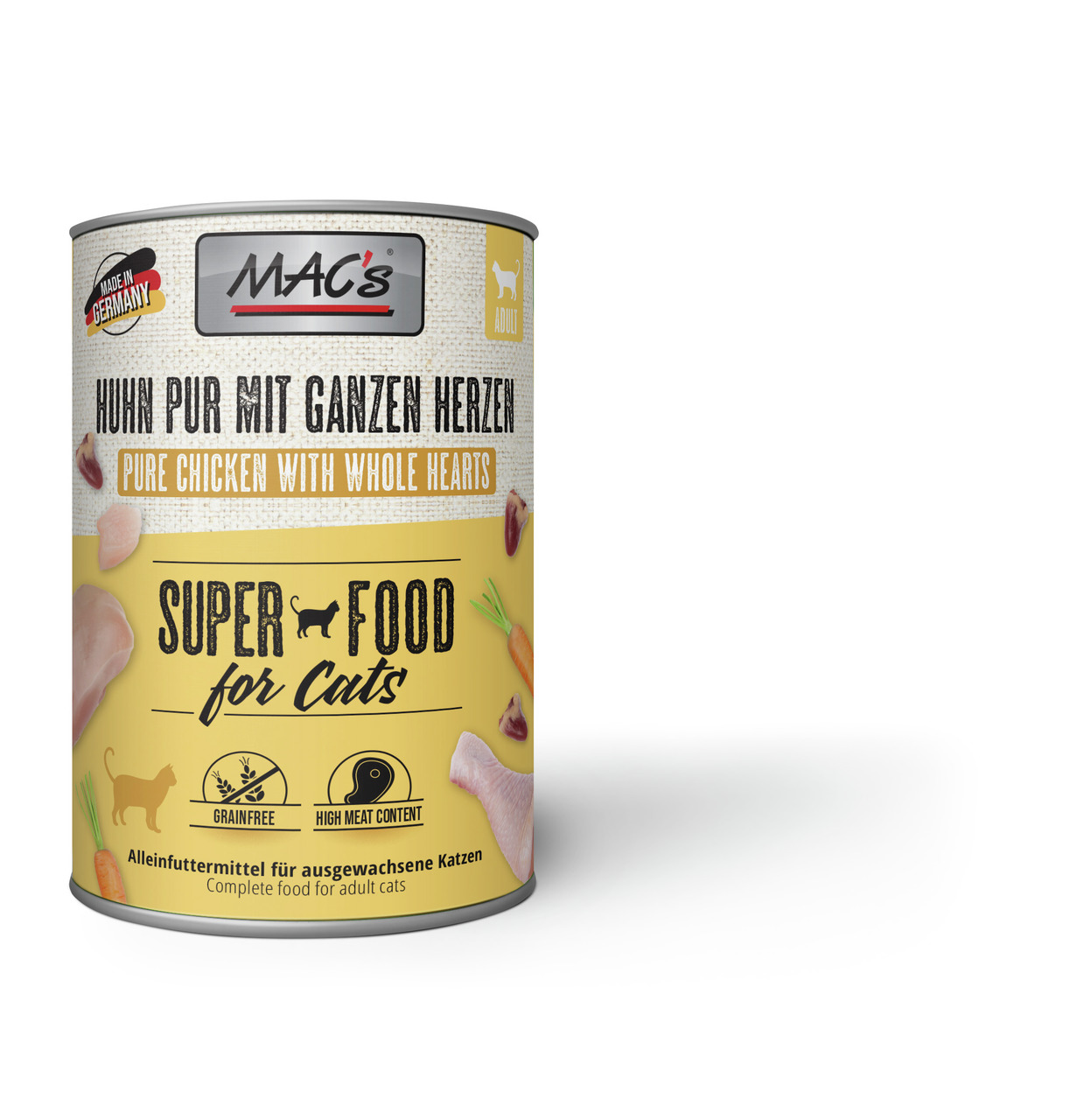 MAC's Katzenfutter "Huhn pur mit ganzen Herzen", Alleinfutter f. erw. Katzen, getreidefrei, hoher Fleischanteil, 400 g.