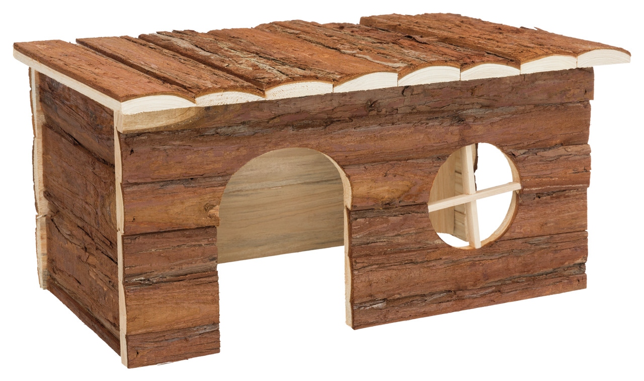 Das Bild zeigt das TRIXIE Naturholz-Haus für Kleintiere, geeignet für Nager wie Hamster oder Meerschweinchen. Das Haus besteht aus unbehandeltem Holz mit einer natürlichen Rindenoptik. Es verfügt über einen Eingang und ein rundes Fenster mit Gitter. Ideal
