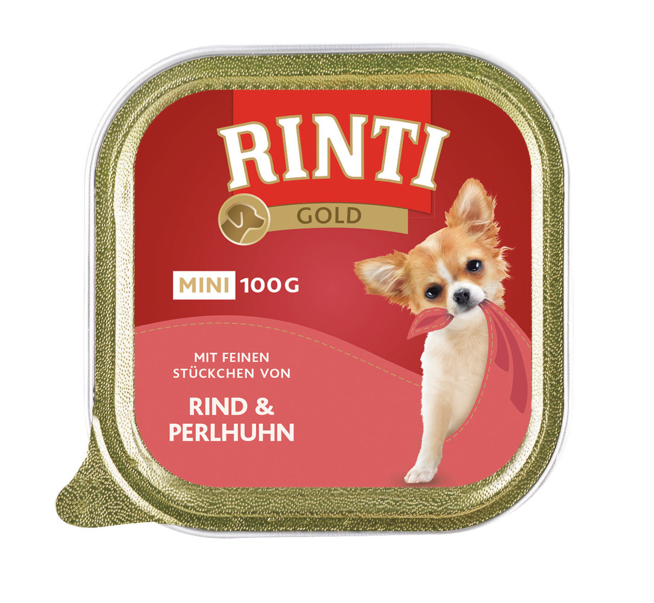 RINTI Gold Mini, Hundefutter für kleine Hunde, Rind & Perlhuhn, feine Stückchen, 100 g, goldene Schale mit rotem Etikett.