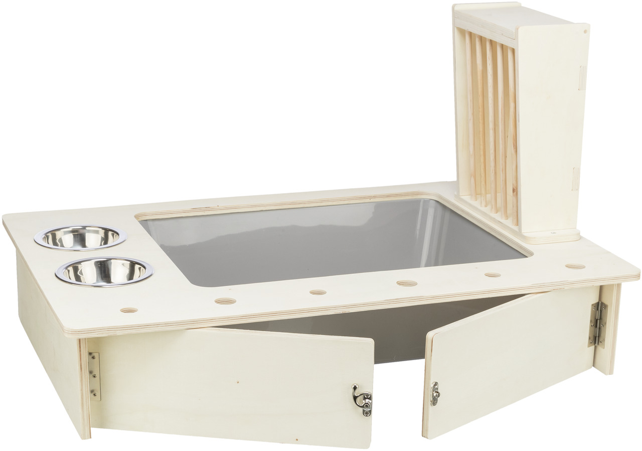 TRIXIE Katzenspielplatz aus Holz, für Katzen, mit 2 Edelstahlnäpfen, Spielfeld & Stauraum, fördert Geschicklichkeit, Maße sichtbar.