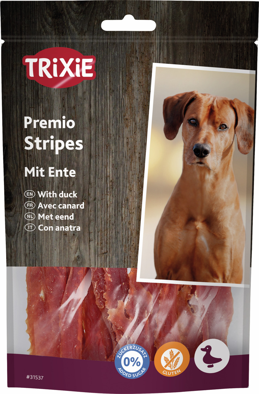 TRIXIE Premio Stripes mit Ente: Hundesnacks aus Entenfleisch, glutenfrei, ohne Zuckerzusatz. Zielgruppe: Hunde. Menge unbekannt.