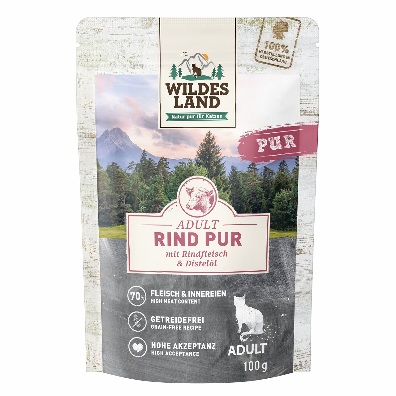 Wildes Land Adult Rind Pur, für ausgew. Katzen, Rindfleisch+Distelöl, 70 % Fleisch, getreidefrei, hohe Akzeptanz, 100 g.
