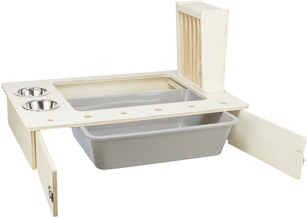 Das Bild zeigt das TRIXIE Kleintier-Futterstation-Set, geeignet für Kaninchen und andere Kleintiere. Es besteht aus einer stabilen Holzkonstruktion mit integriertem Heuraufe, zwei Edelstahlnäpfen und einer herausnehmbaren Kunststoffwanne. Die Station biet