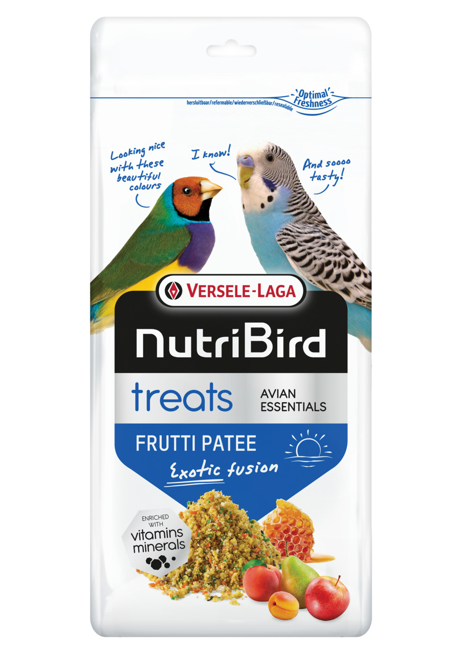 Versele-Laga NutriBird Treats Frutti Patee Exotic Fusion, Ergänzungsfutter für Ziervögel, fruchtig-exotisch, mit Vitaminen, wiederverschließbar.