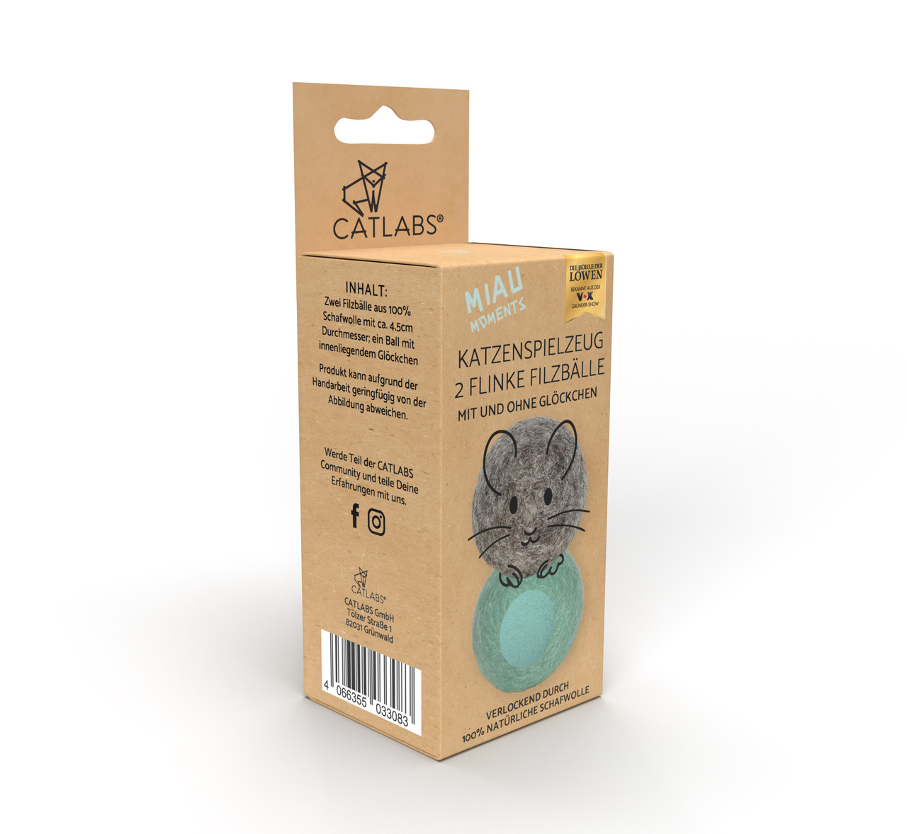Das Bild zeigt die Verpackung des Produkts „MIAU Moments Katzenspielzeug – 2 flinke Filzbälle“ der Marke Catlabs. Zielgruppe sind Katzen. Die Filzbälle bestehen aus 100 % natürlicher Schafwolle, einer mit und einer ohne Glöckchen. Die Verpackung hebt die 