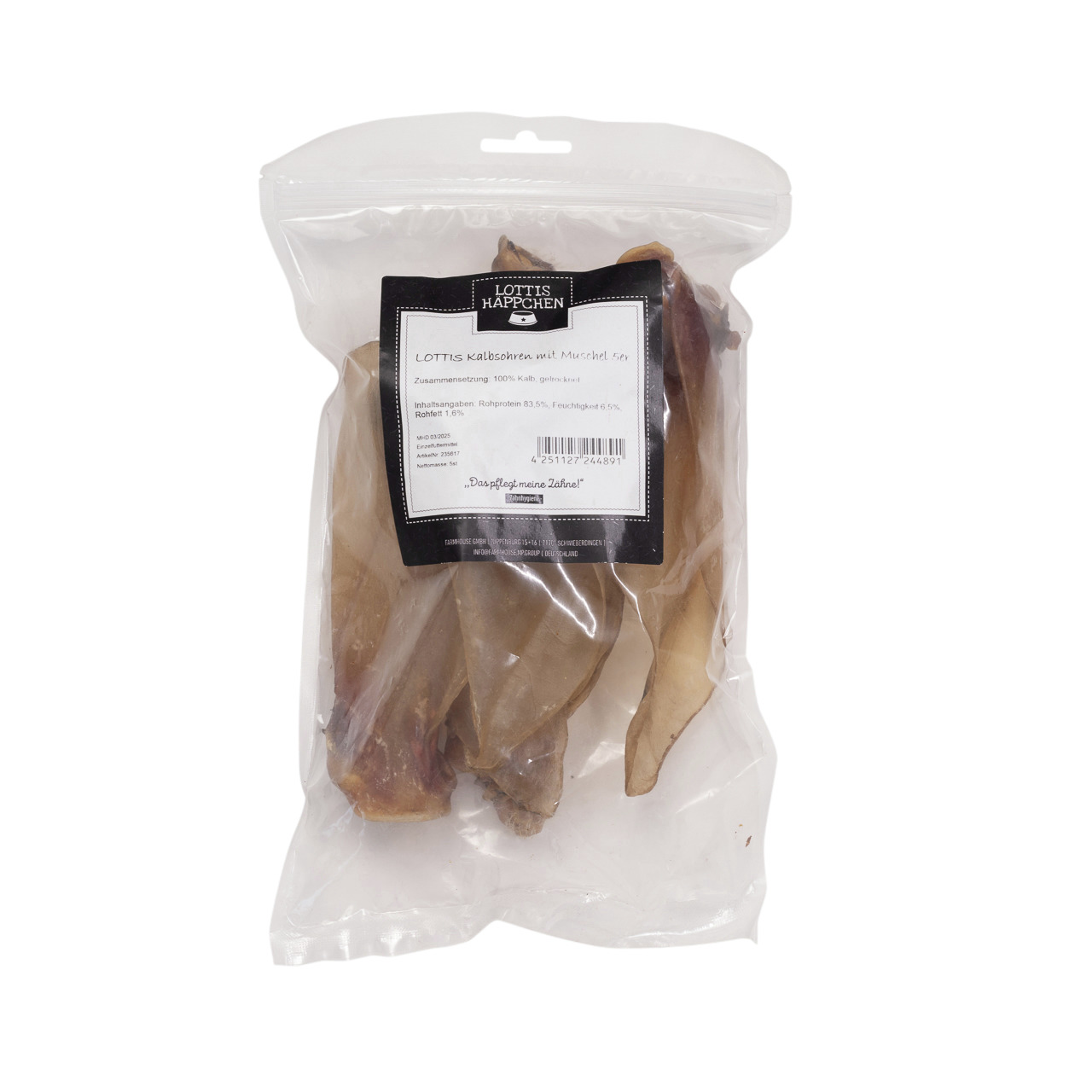 LOTTIS HÄPPCHEN Kalbsohren mit Muschelfleisch, natürl. Kausnack f. Hunde, gesunde Zahnpflege, 100 % Kalb, Menge: mehrere Stücke.