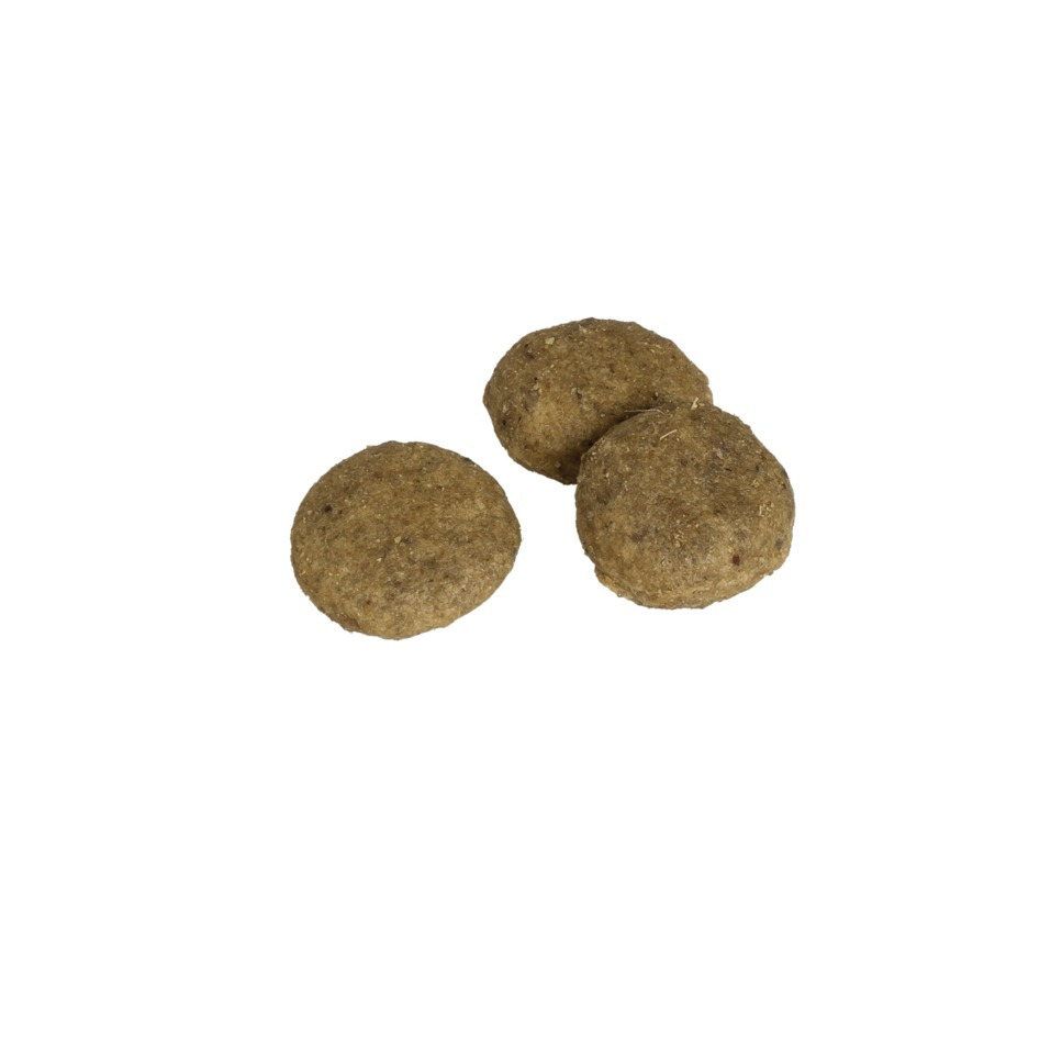 Das Bild zeigt drei runde Hundesnacks der Marke REAL NATURE. Die Leckerlis sind für Hunde geeignet und bestehen aus natürlichen Zutaten. Sie haben eine bräunliche Farbe und eine kompakte, feste Textur. Die Snacks sind ideal als Belohnung oder Ergänzung zu