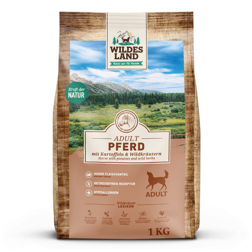 Wildes Land Hundefutter Adult, Pferd+Kartoffeln+Wildkräuter, 1 kg, getreidefrei, hypoallergen, hoher Fleischanteil.
