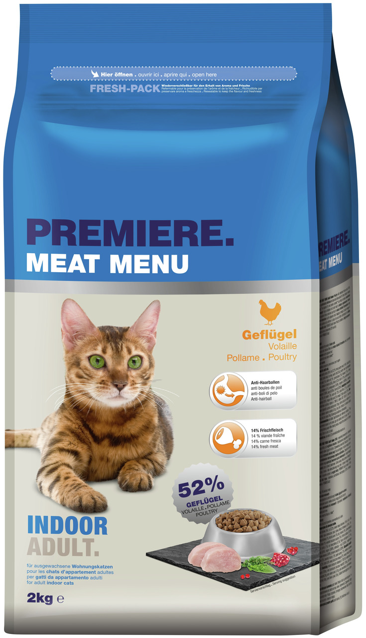 Das Bild zeigt eine Verpackung des Katzenfutters „PREMIERE Meat Menu Indoor Adult“ mit Geflügelgeschmack. Es ist speziell für ausgewachsene Wohnungskatzen entwickelt. Die Verpackung enthält 2 kg Trockenfutter mit 52 % Geflügelanteil, 14 % Frischfleisch un