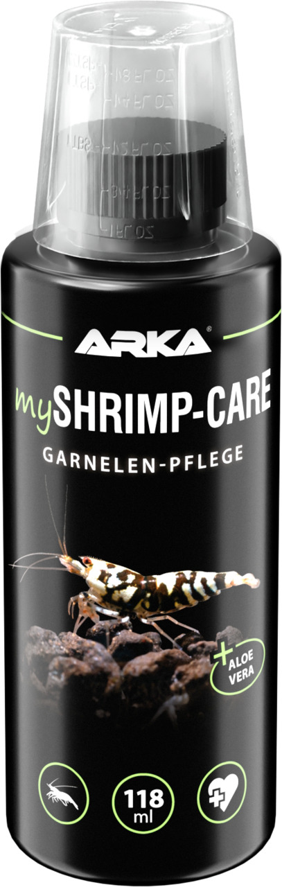 ARKA mySHRIMP-CARE, Garnelenpflege f. Aquarien, + Aloe Vera, 118 ml, schwarze Flasche m. transparentem Deckel.