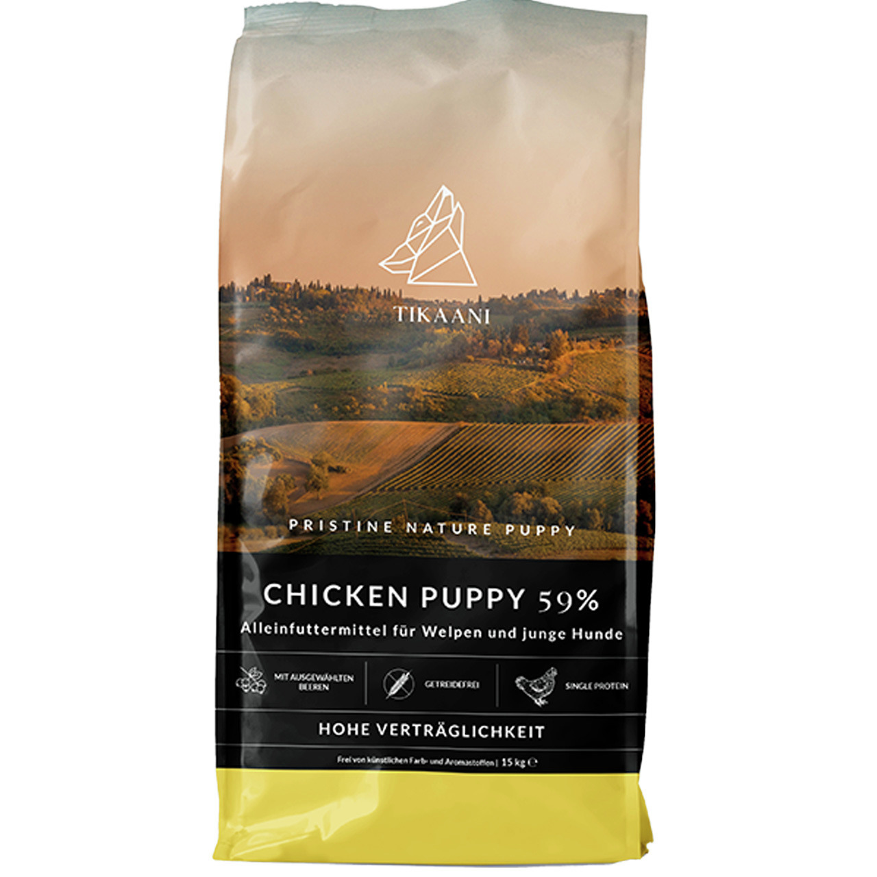 TIKAANI Pristine Nature Puppy Chicken, Alleinfutter f. Welpen, 59 % Huhn, getreidefrei, mit Beeren, 15 kg, hohe Verträglichkeit.