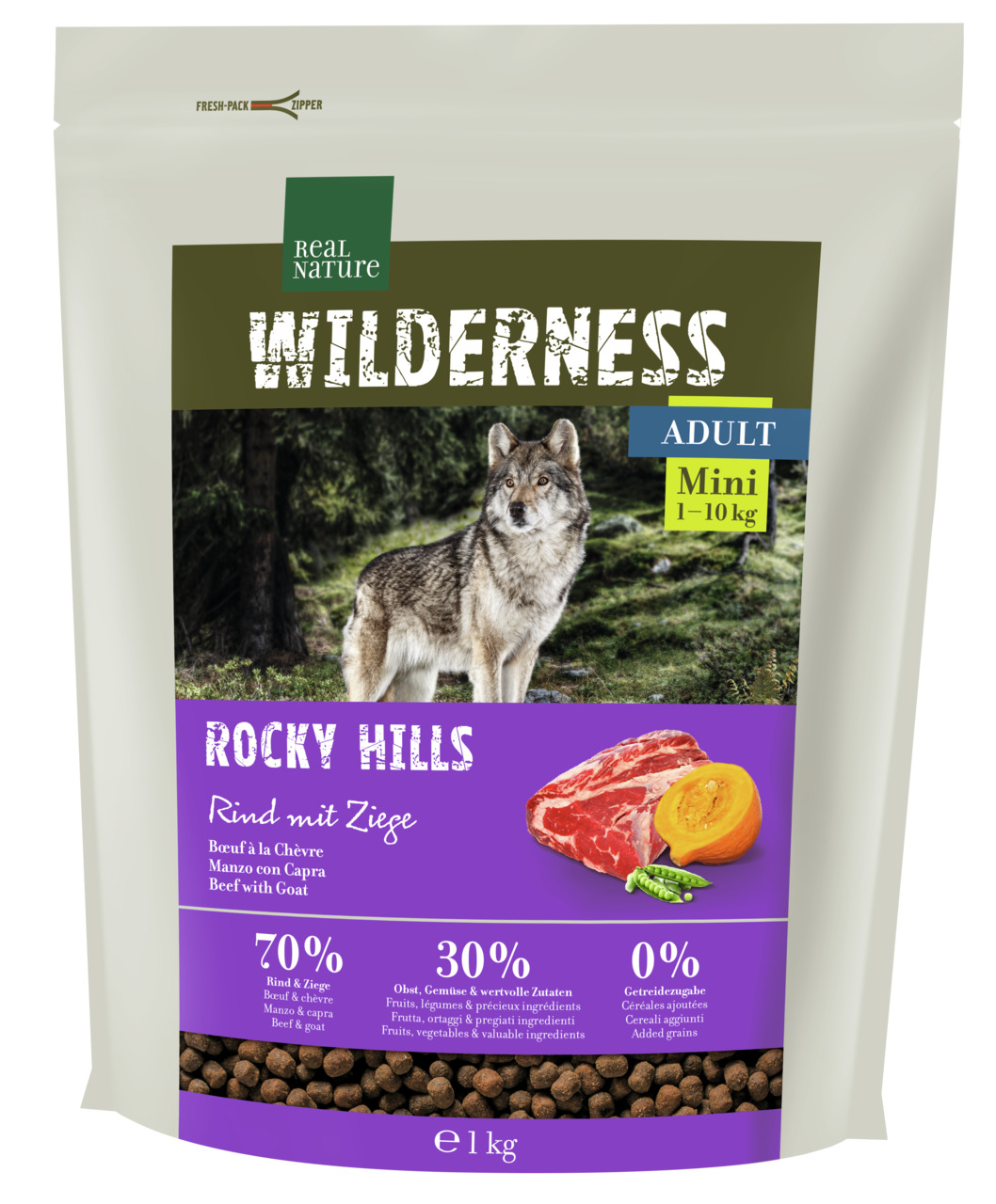 Das Bild zeigt eine Verpackung des Hundefutters „REAL NATURE WILDERNESS Rocky Hills“ für ausgewachsene Hunde kleiner Rassen (1–10 kg). Die Geschmacksrichtung ist Rind mit Ziege. Die Rezeptur besteht zu 70 % aus tierischen Zutaten, 30 % aus Obst und Gemüse
