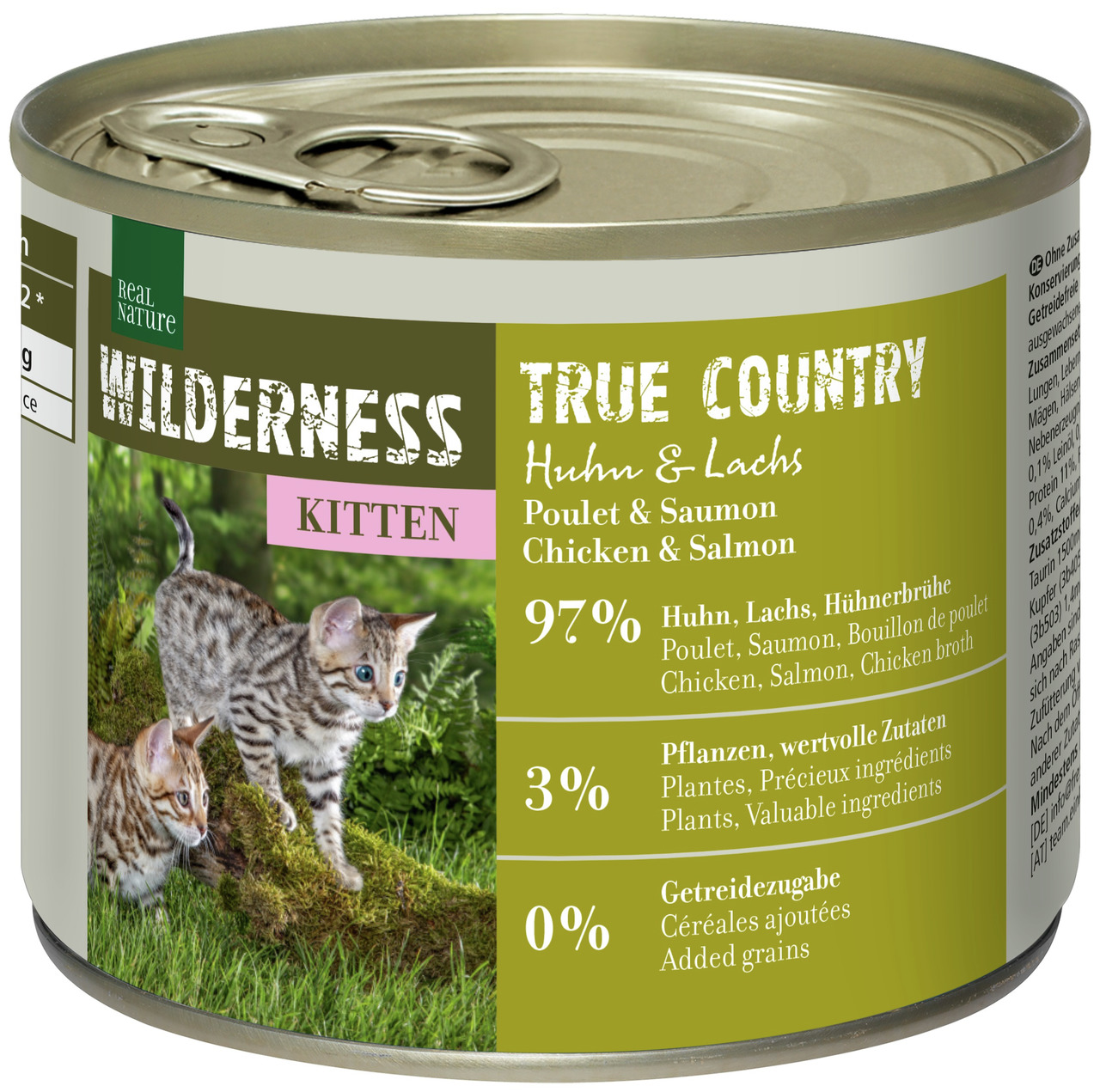 Real Nature Wilderness Katzenfutter Kitten, Huhn & Lachs, 97 % Fleisch, getreidefrei, 200 g.