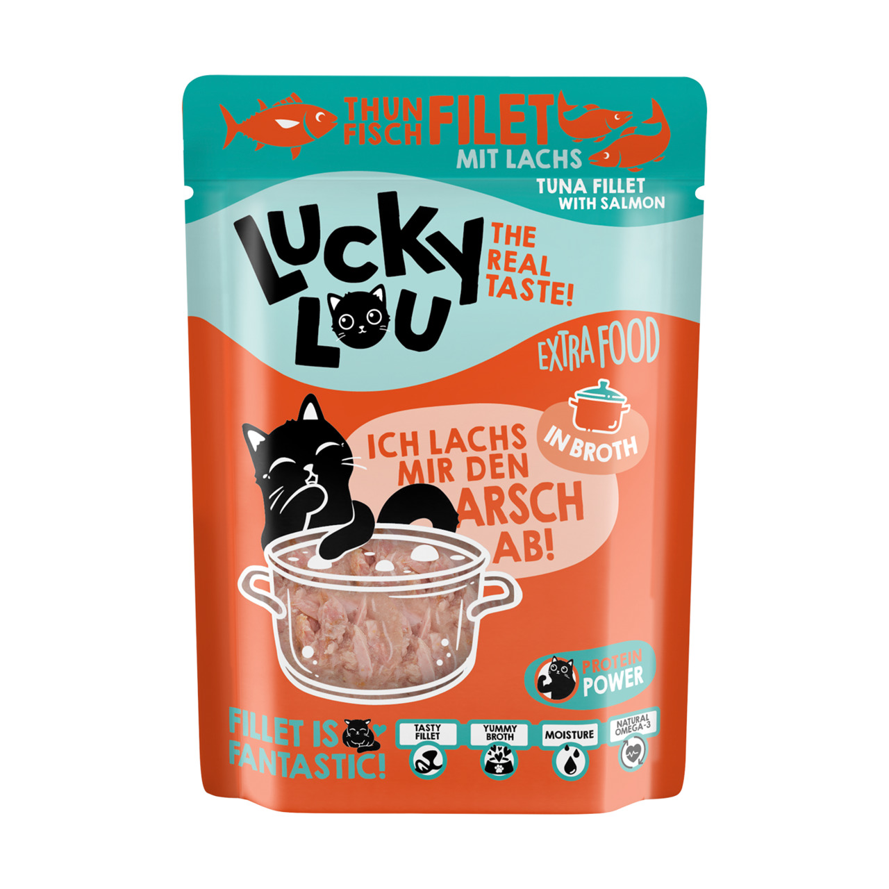 Lucky Lou Katzenfutter Thunfisch+Lachs in Brühe, „The Real Taste!“, „Protein Power“, Zielgruppe: Katzen.