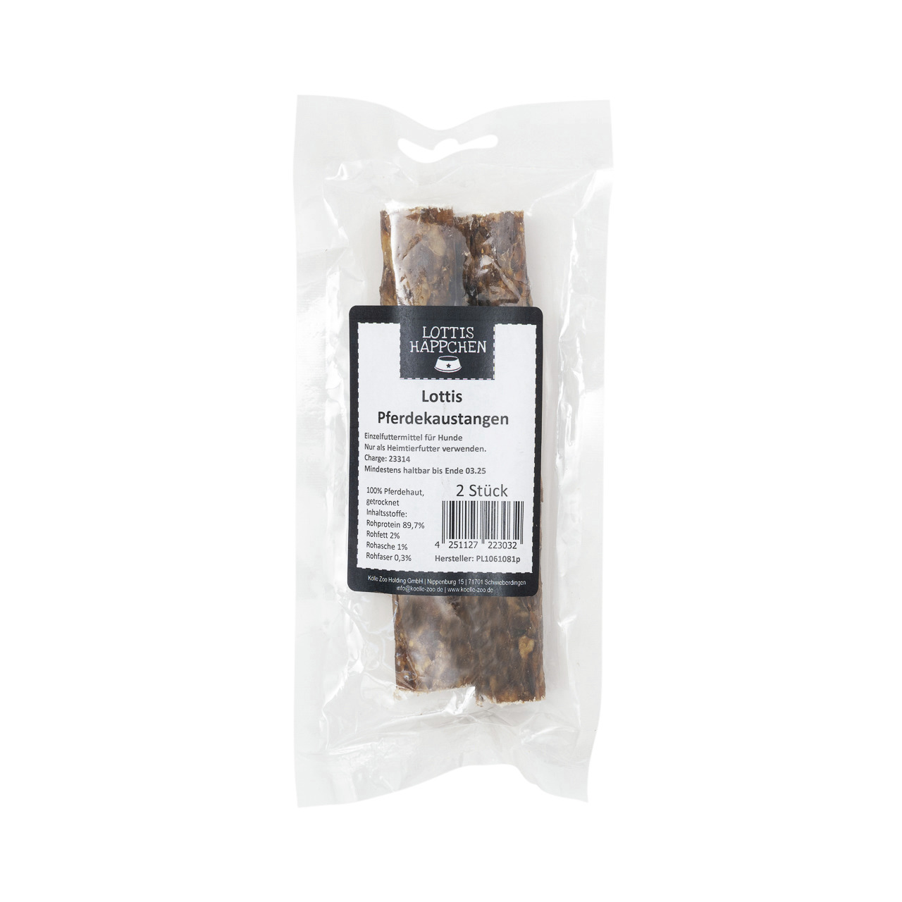 Lottis Häppchen Pferdekaustangen, Einzelfuttermittel für Hunde, 100% Pferdehaut, 2 Stk., Zahnpflege & natürliche Beschäftigung.