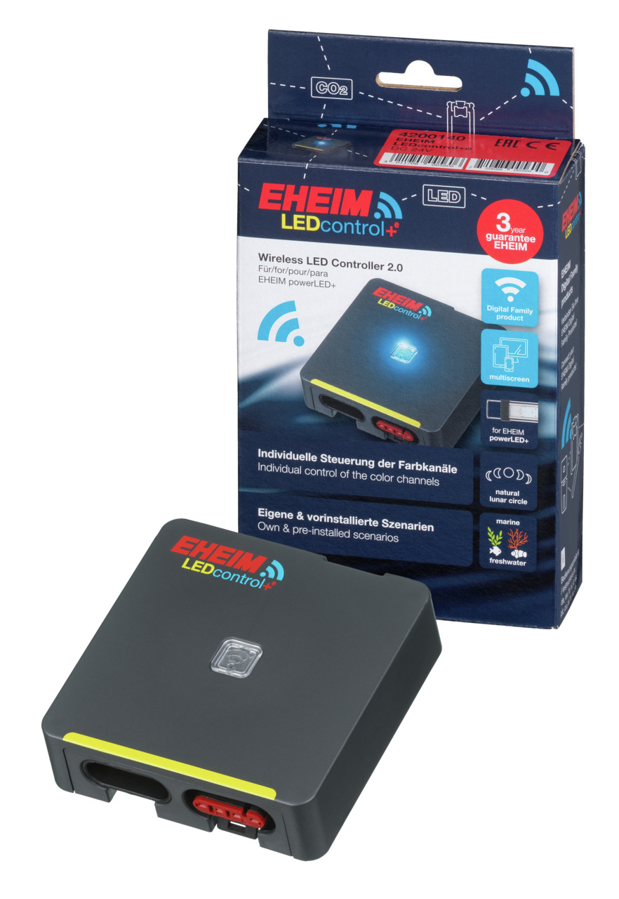 Das Bild zeigt den EHEIM LEDcontrol+ Wireless LED Controller 2.0, ein Zubehör für Aquarienbeleuchtung. Die Verpackung hebt Funktionen wie die individuelle Steuerung der Farbkanäle und vorinstallierte Szenarien hervor. Geeignet für EHEIM powerLED+, mit ein