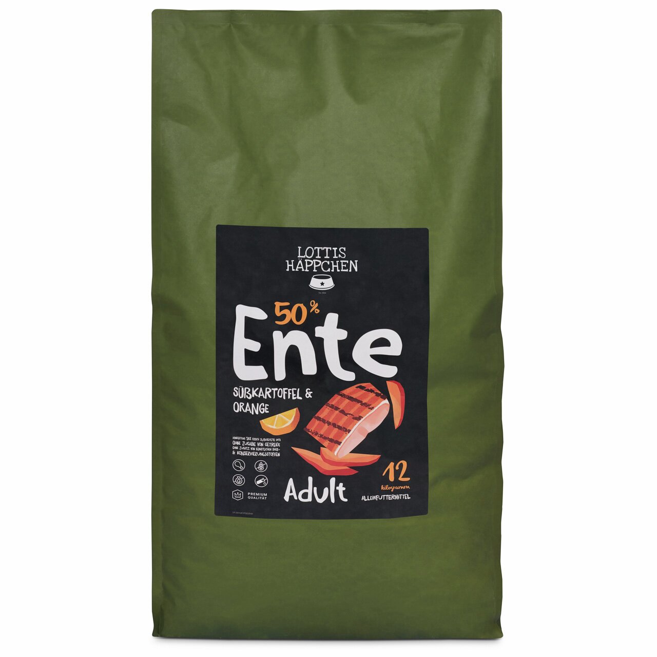 LOTTIS HÄPPCHEN Hundefutter für Erwachsene, Ente, Süßkartoffel & Orange, 12 kg, reich an Fleisch, getreidefrei, ausgewogen.