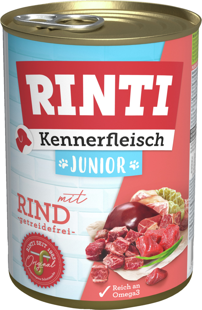 RINTI Kennerfleisch Junior, für junge Hunde, mit Rind, getreidefrei, reich an Omega-3, 400 g.