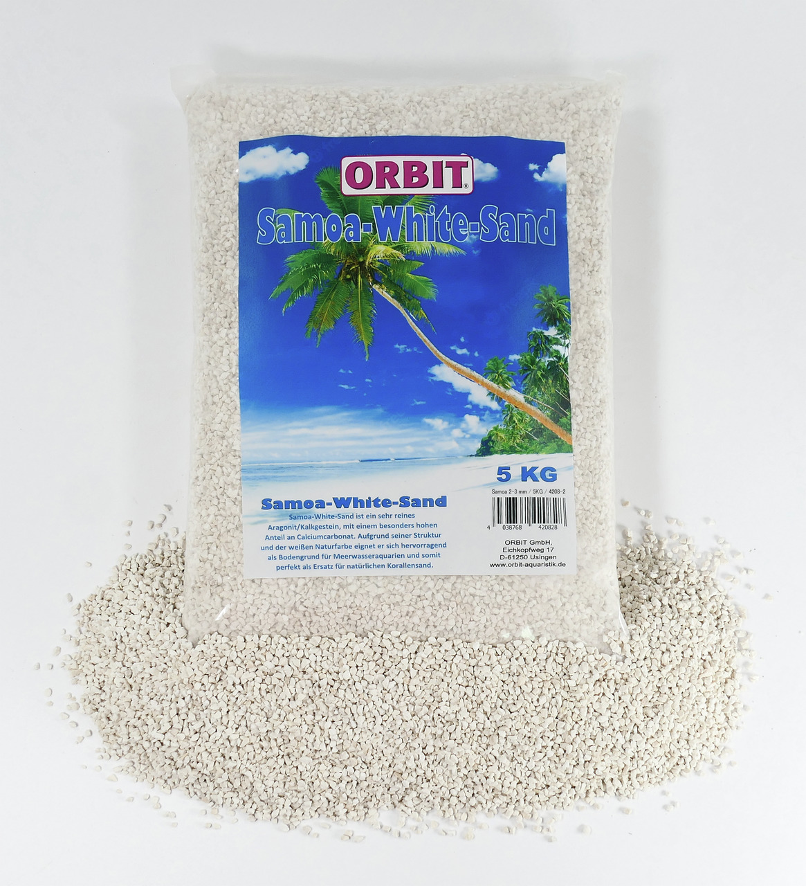 ORBIT Samoa-White-Sand, 5 kg, weißer Aragonit/Kalksteinsand für Meerwasseraquarien, tropisches Design mit Palmen u. blauem Himmel.