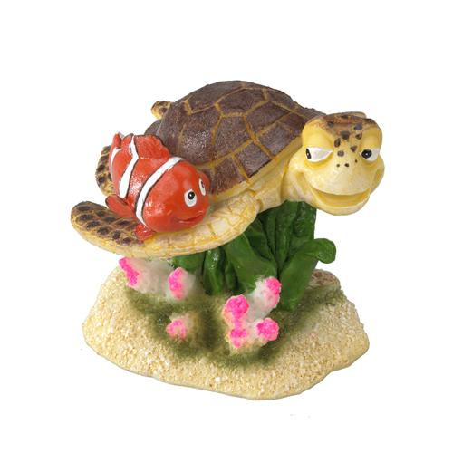 AQUA DELLA Aquarium-Figur: Schildkröte mit Clownfisch, sandfarb. Untergrund, grünen Pflanzen & rosa Korallen. Perfekt für Aquarien.