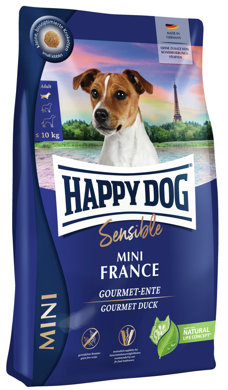 Happy Dog Sensible Mini France, Gourmet-Ente, für kleine Hunde bis 10 kg, getreidefrei, leicht verdaulich, ohne Konservierungsstoffe.