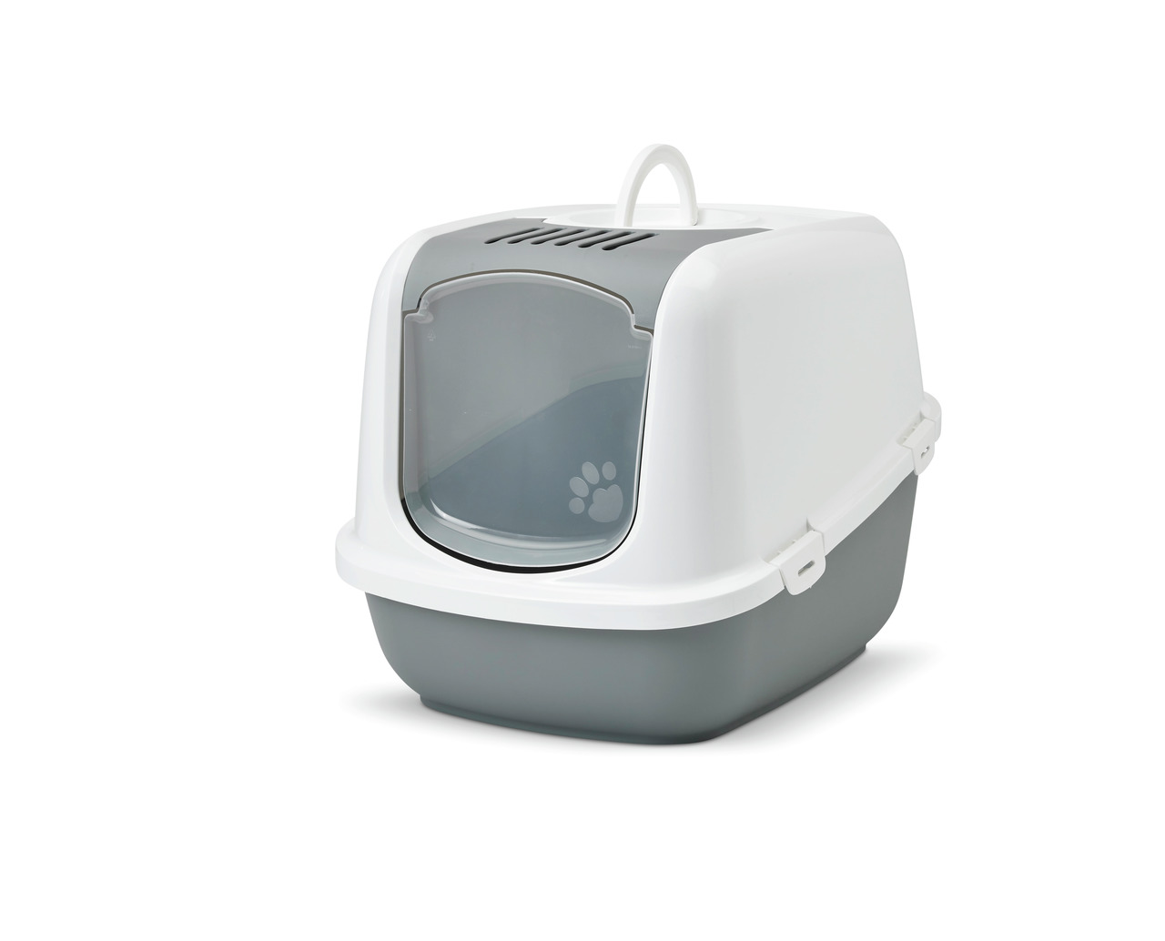Geschlossene Katzentoilette der Marke SAVIC, Modell "Nestor", geeignet für Katzen aller Größen. Die Toilette ist in Weiß und Grau gehalten, mit einer transparenten Schwingtür und einem Griff auf der Oberseite. Sie verfügt über Belüftungsschlitze und ein m