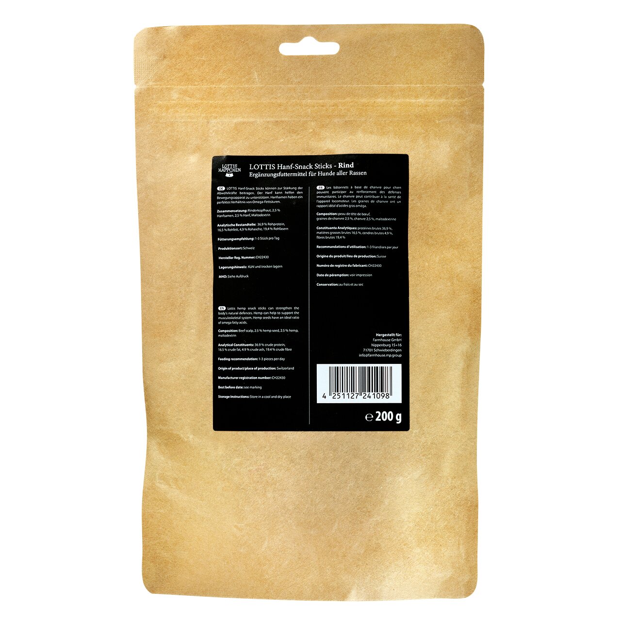Rückseite der Packung "LOTTIS Häppchen Hanf-Snack Sticks - Rind". Ergänzungsfuttermittel für Hunde aller Rassen. Menge: 200 g.