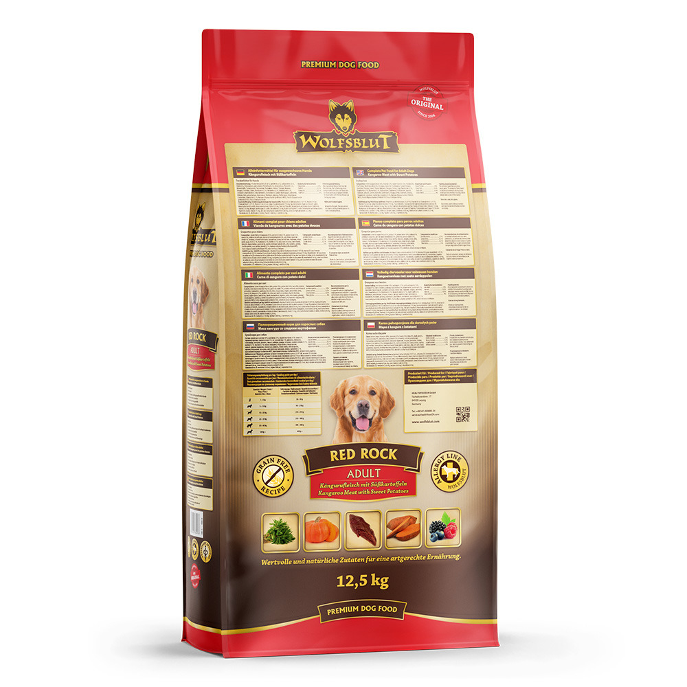 Wolfsblut Red Rock Adult, 12,5 kg, für ausgewachsene Hunde, Kängurufleisch & Süßkartoffeln, getreidefrei, Premium, natürliche Zutaten.