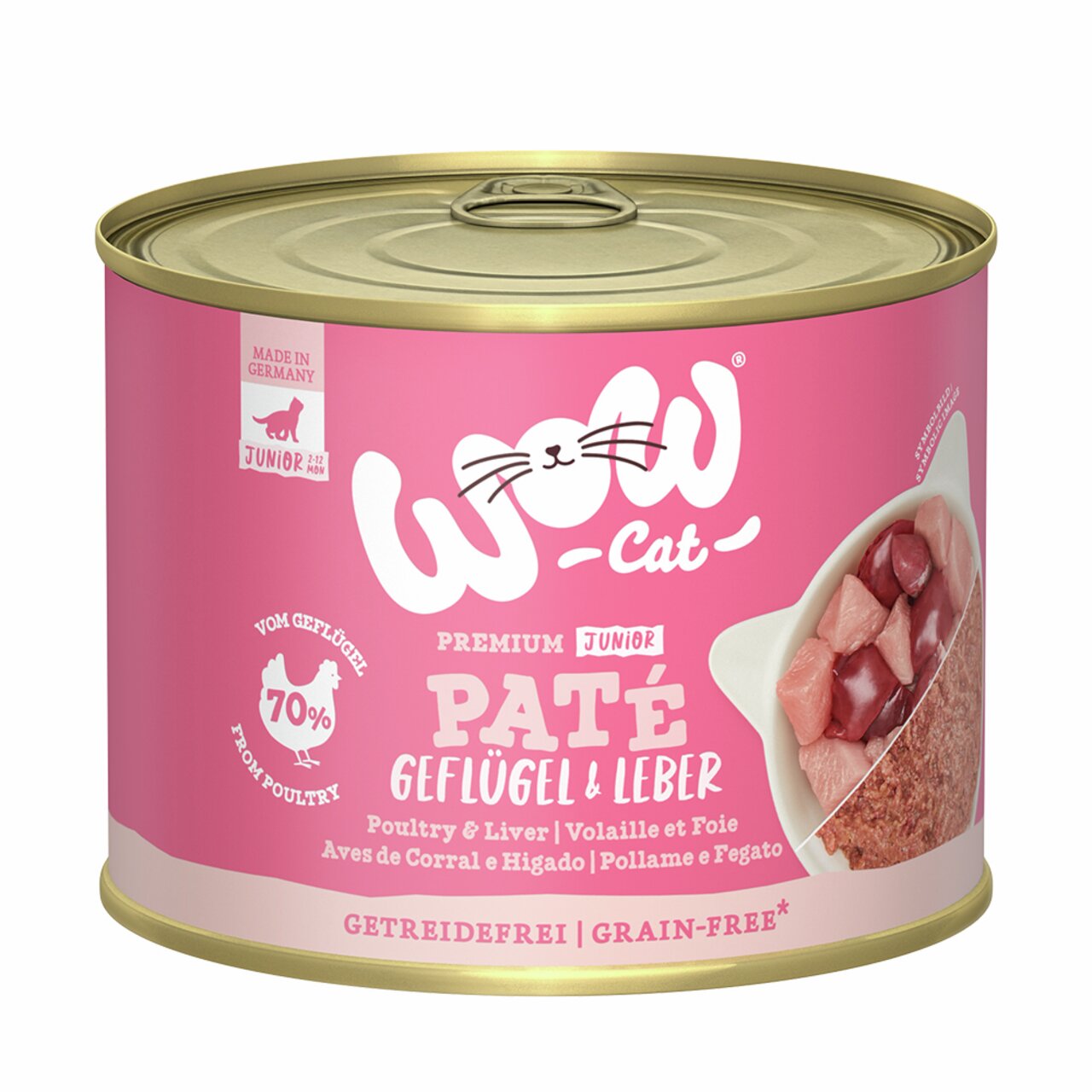 Dose WOW CAT Premium Junior Paté, Geflügel & Leber, 70% Fleischanteil, getreidefrei, für Katzenjunge, 200 g.