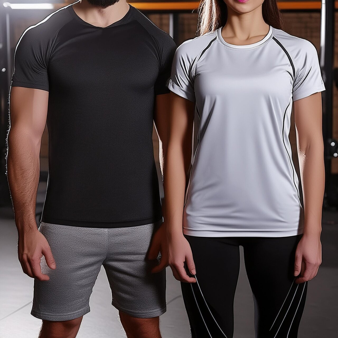 Zwei Models tragen enganliegende Sportshirts in Schwarz und Hellgrau vor dunklem Studiohintergrund, ohne sichtbares Produkt.
