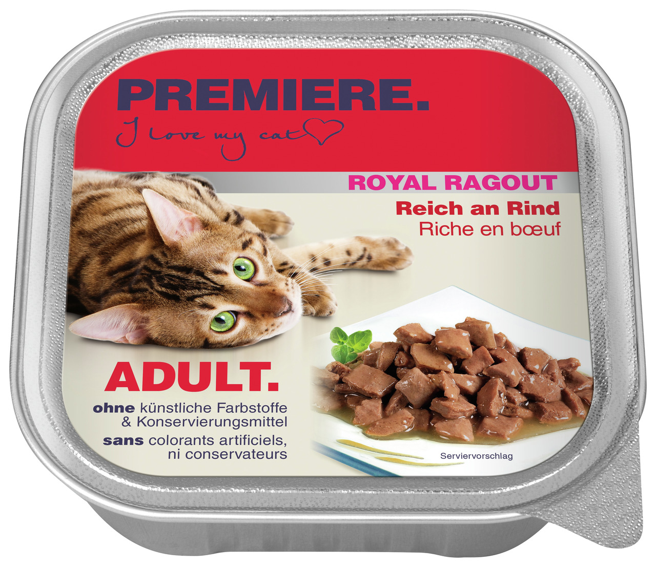 Das Bild zeigt eine Verpackung des Katzenfutters "PREMIERE Royal Ragout Reich an Rind" für ausgewachsene Katzen (Adult). Die Geschmacksrichtung ist Rind. Die Verpackung enthält 100 g und hebt hervor, dass das Produkt ohne künstliche Farbstoffe und Konserv