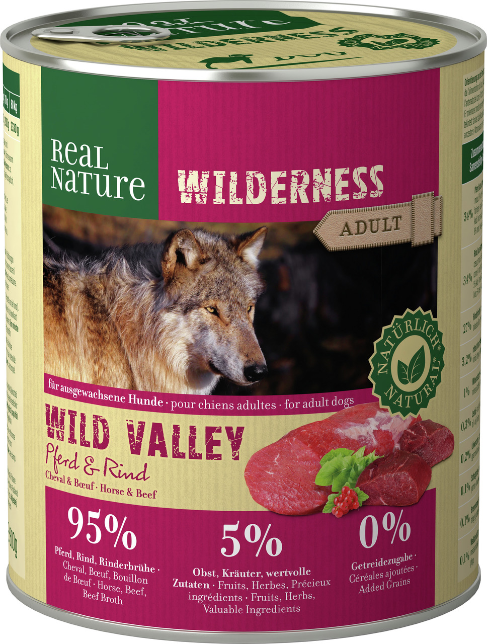 Das Bild zeigt eine Dose Hundefutter der Marke REAL NATURE aus der Produktlinie WILDERNESS mit der Geschmacksrichtung "Wild Valley" (Pferd & Rind). Das Produkt ist für ausgewachsene Hunde (Adult) geeignet und enthält 95 % Pferd, Rind und Rinderbrühe, 5 % 
