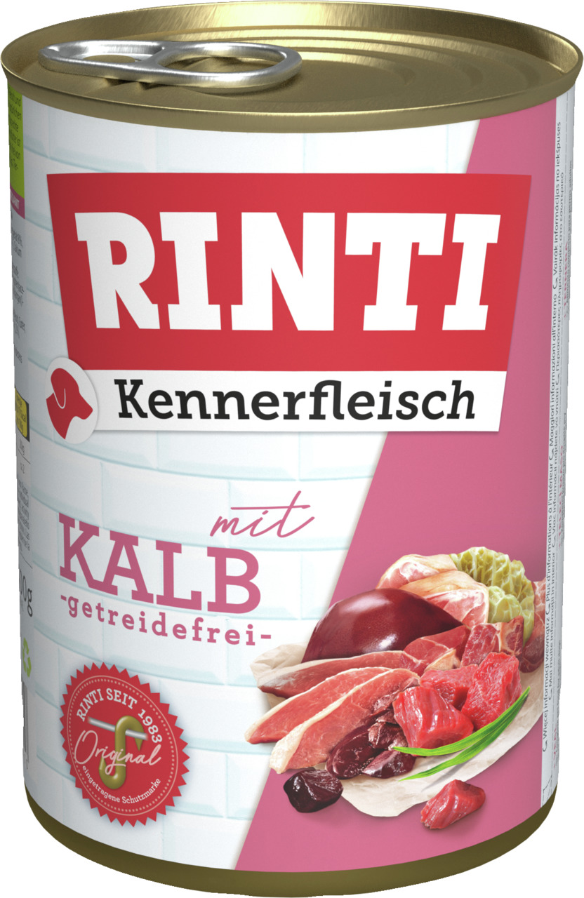 RINTI Kennerfleisch Hundefutter, mit Kalb, getreidefrei, frisches Fleisch, Leber & Gemüse, 400 g.