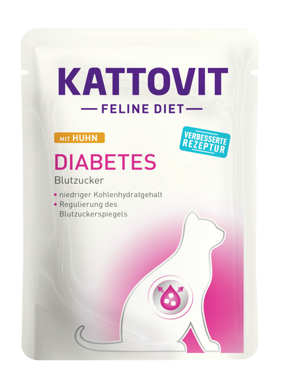 Kattovit Feline Diet – Diabetes mit Huhn, für Katzen mit Diabetes, Huhn, niedriger KH-Gehalt, reguliert Blutzucker, neue Rezeptur.