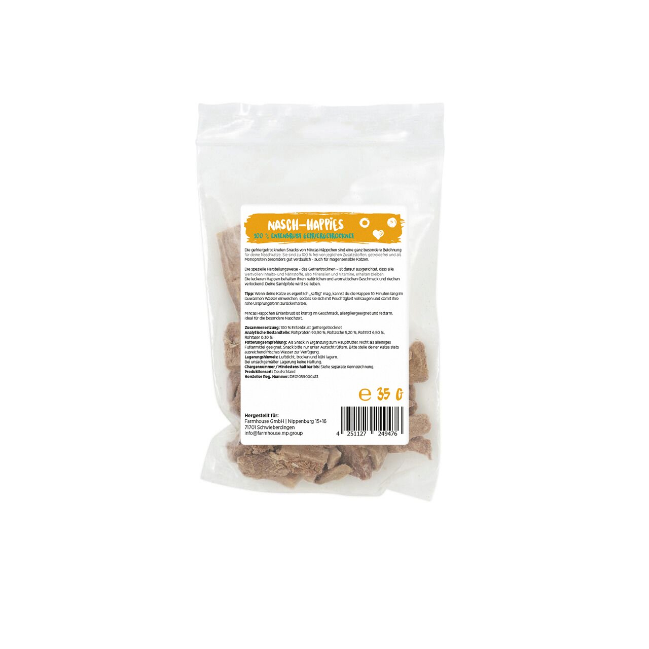 Das Bild zeigt eine transparente Verpackung mit der Aufschrift „Nasch-Happies“ von der Marke MINCAS HÄPPCHEN. Es handelt sich um Snacks für Hunde mit der Geschmacksrichtung Rind. Die Packung enthält 35 g und ist speziell als Belohnung oder Snack für zwisc