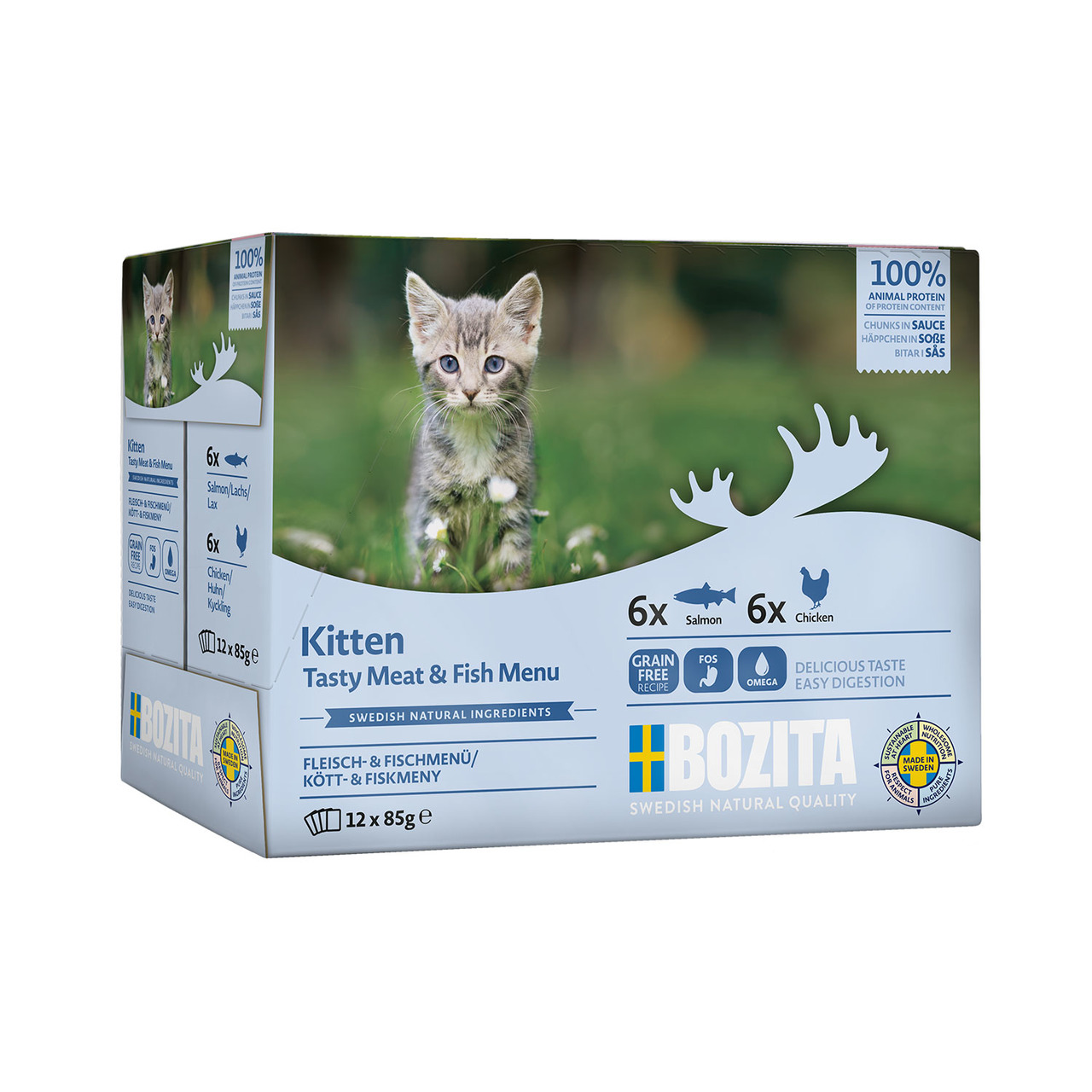 Bozita Kitten Tasty Meat & Fish Menu, für Kätzchen, Lachs & Huhn, getreidefrei, 12x85g, leicht verdaulich, schwed. Zutaten.