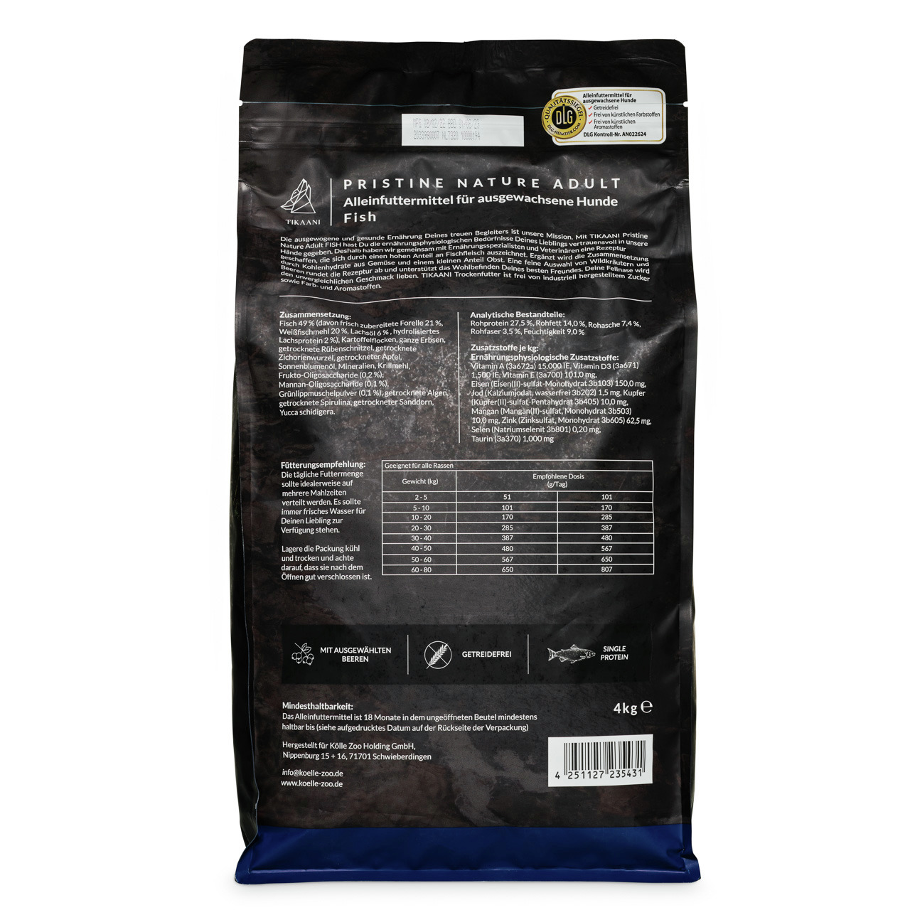 TIKAANI Pristine Nature Adult Fish, 4 kg, getreidefreies Alleinfutter f. Hunde, Fisch, Single-Protein, hochwertige Zutaten, Beeren.