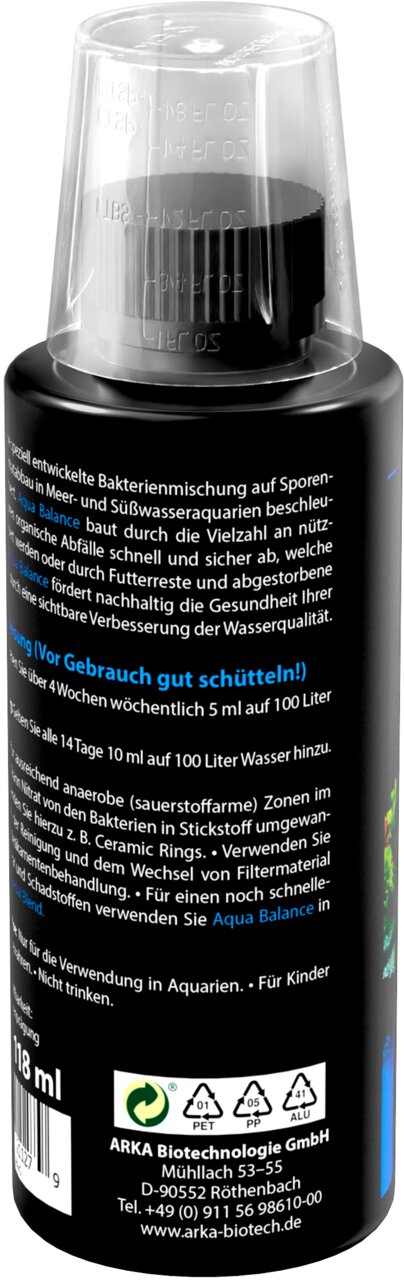 ARKA Aqua Balance Bakterienmischung für Meer- und Süßwasseraquarien, Wasserpflege für Aquaristik, 118 ml Flasche.