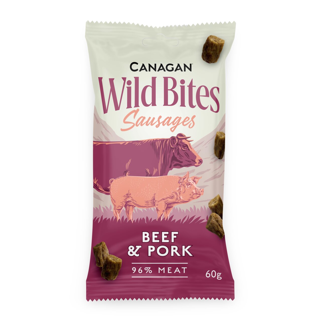 Canagan Wild Bites Sausages Hundesnack für Hunde, Rind & Schwein, 96 % Fleisch, getreidefrei, Beutel 60 g.