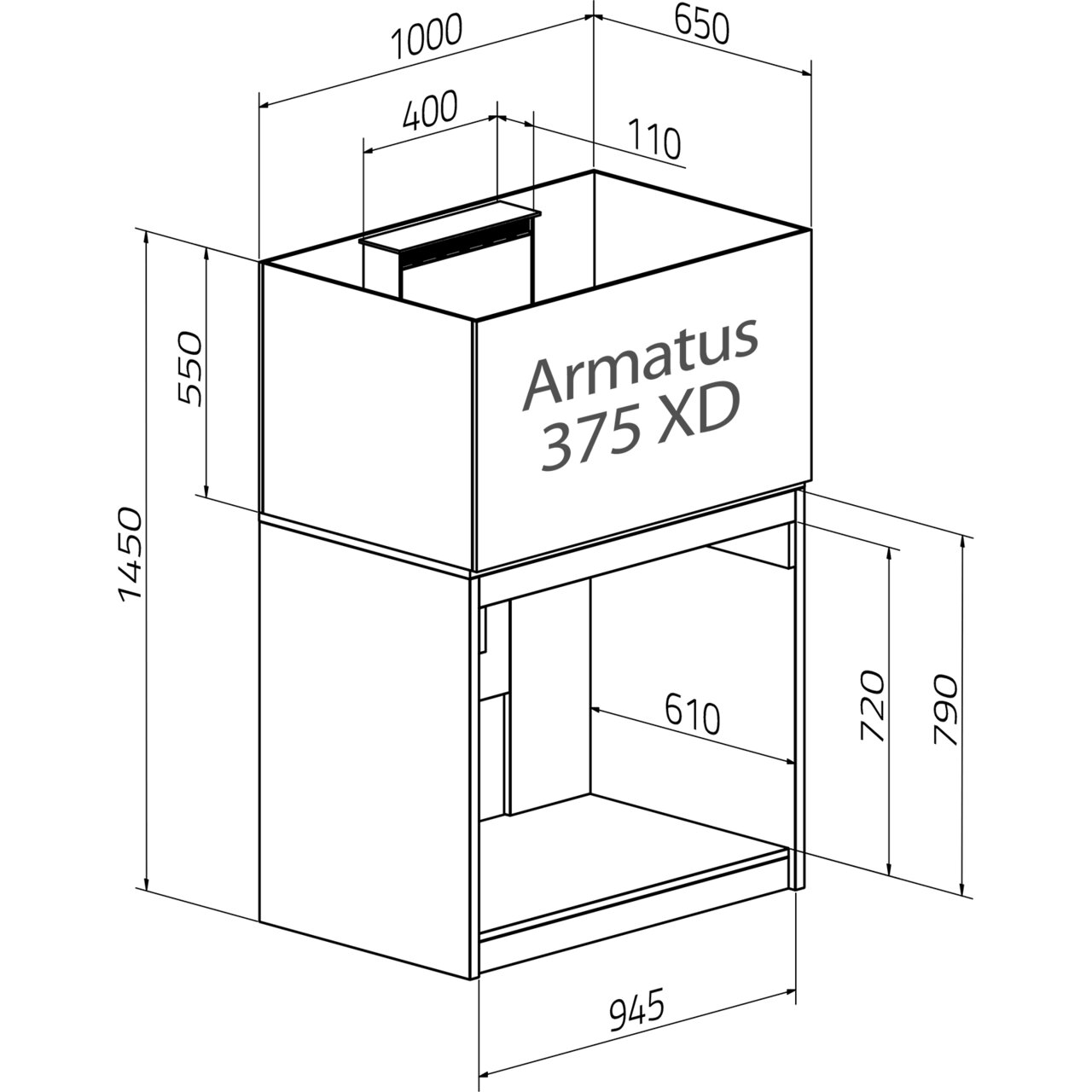 Das Bild zeigt eine technische Zeichnung des Aqua Medic Armatus 375 XD Aquariumsystems. Es handelt sich um ein hochwertiges Aquarium mit den Maßen 1000 mm Länge, 650 mm Breite und 1450 mm Höhe. Die Zeichnung enthält detaillierte Maßangaben, einschließlich