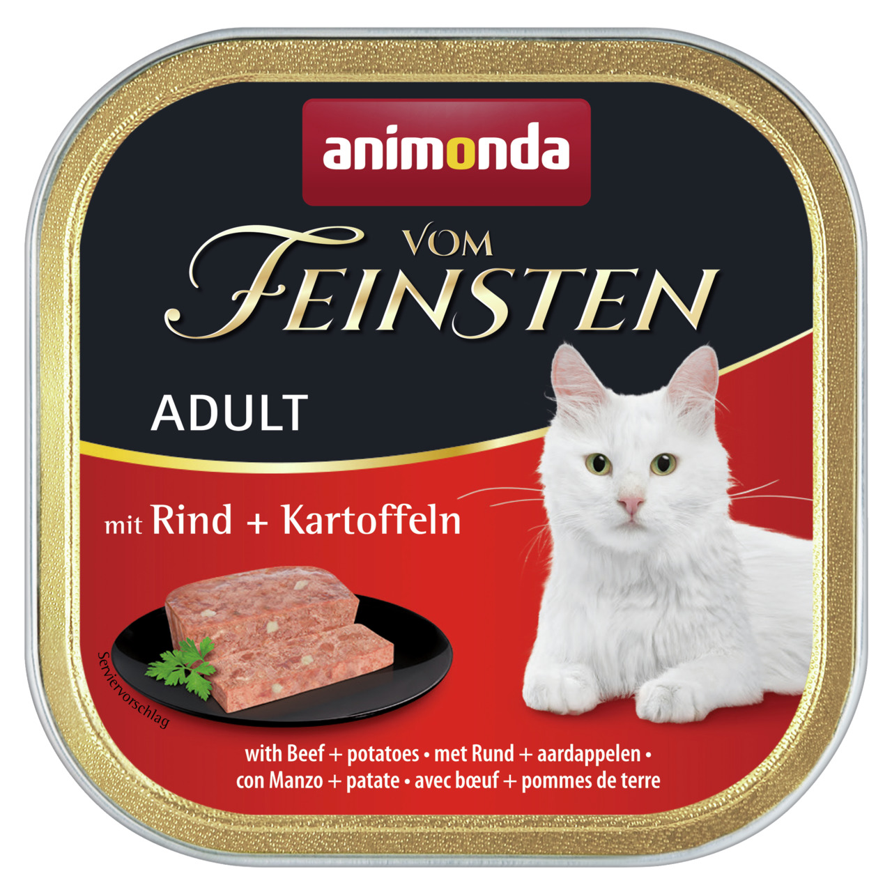 Das Bild zeigt eine quadratische Dose des Katzenfutters „Animonda Vom Feinsten Adult“ in der Geschmacksrichtung Rind und Kartoffeln. Die Verpackung ist schwarz mit goldenen und roten Akzenten gestaltet. Links unten ist eine Portion des Futters auf einem s