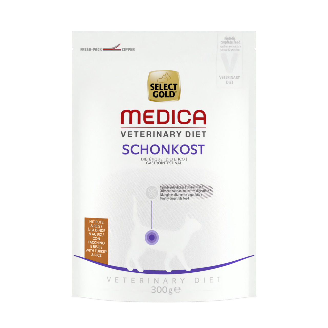 Select Gold Medica Vet. Diet Schonkost für Katzen, Pute & Reis, 300 g, diätetisches Alleinfutter zur Verdauungsunterstützung.