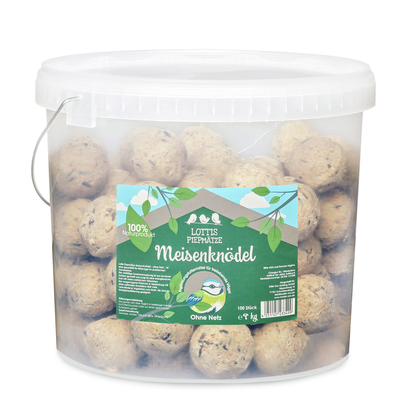 Ein transparenter Eimer mit 100 Meisenknödeln der Marke Lottis Piepmätze, speziell für Wildvögel. Die Knödel sind ein 100% Naturprodukt, ohne Netz und wiegen insgesamt 9 kg. Die Verpackung zeigt ein grünes Etikett mit Vogelmotiv und der Aufschrift „Meisen
