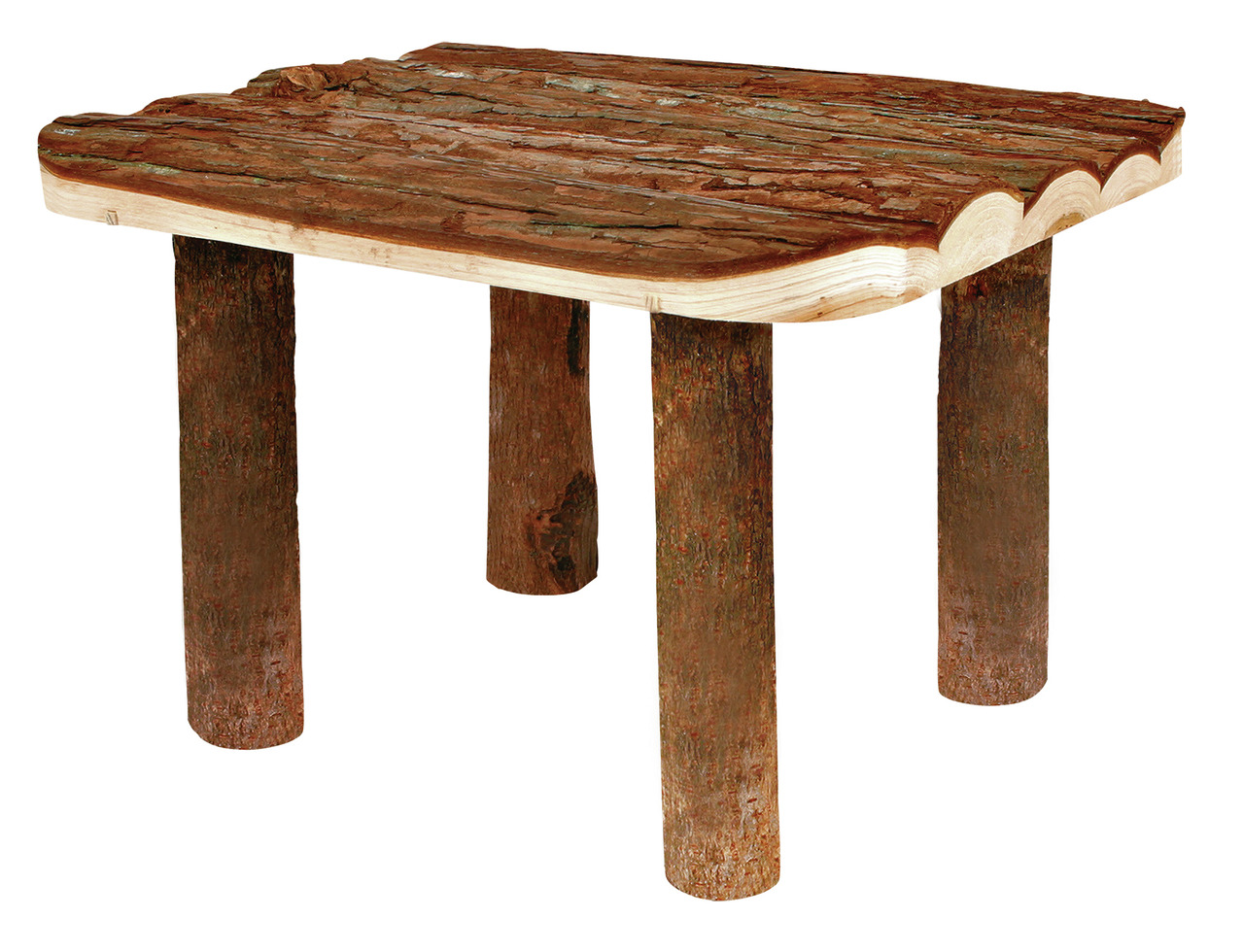 Das Bild zeigt den TRIXIE Naturholz-Tisch für Kleintiere, geeignet für Kaninchen und andere Nager. Der Tisch besteht aus unbehandeltem Holz mit einer natürlichen Rindenoberfläche. Er dient als Versteckmöglichkeit oder Plattform und fördert das Wohlbefinde