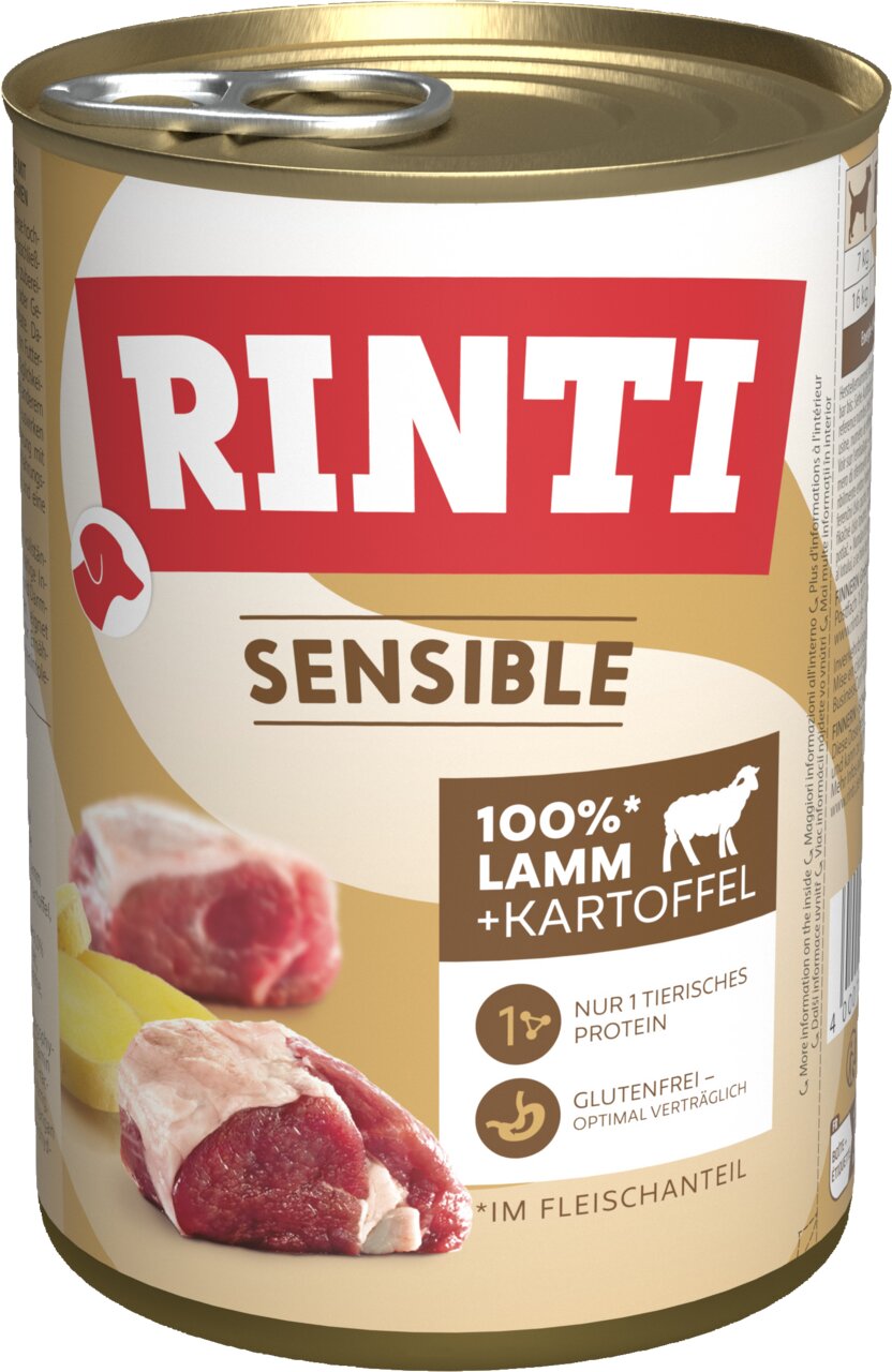 RINTI Sensible Hundefutter, 400g Dose, 100% Lamm & Kartoffel, glutenfrei, mit nur 1 tierischem Protein, ideal für sensible Hunde.
