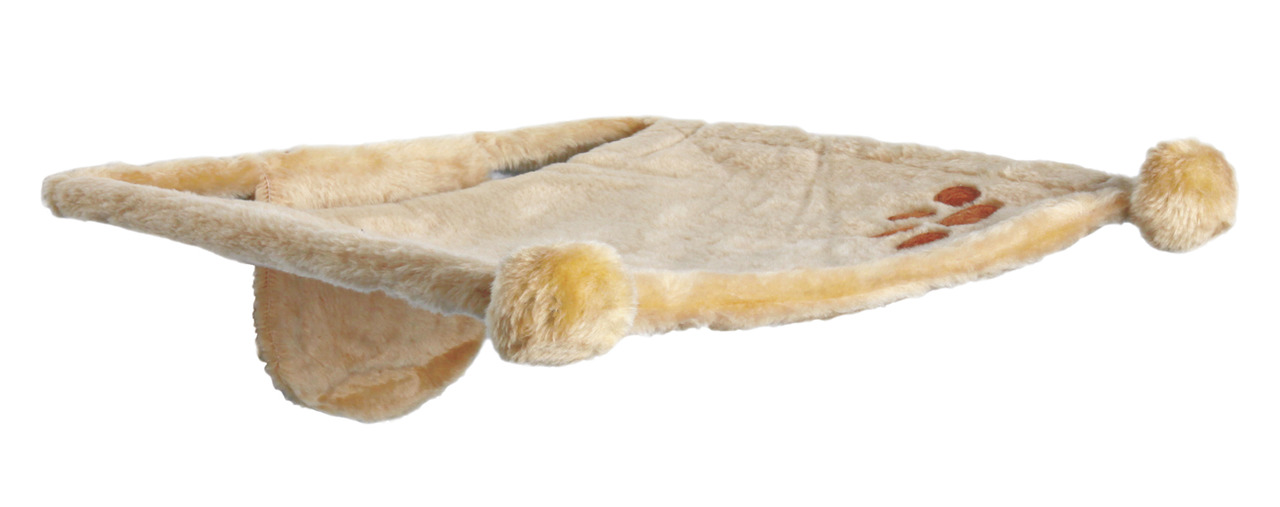 Hängematte für Katzen von TRIXIE, Modell 4011905435114, in beige mit weichem Plüschbezug und dekorativem Pfotenmuster. Geeignet für Katzen aller Größen, ideal zum Entspannen und Schlafen. Befestigung an Heizkörpern möglich. Maße und Gewicht auf dem Bild n