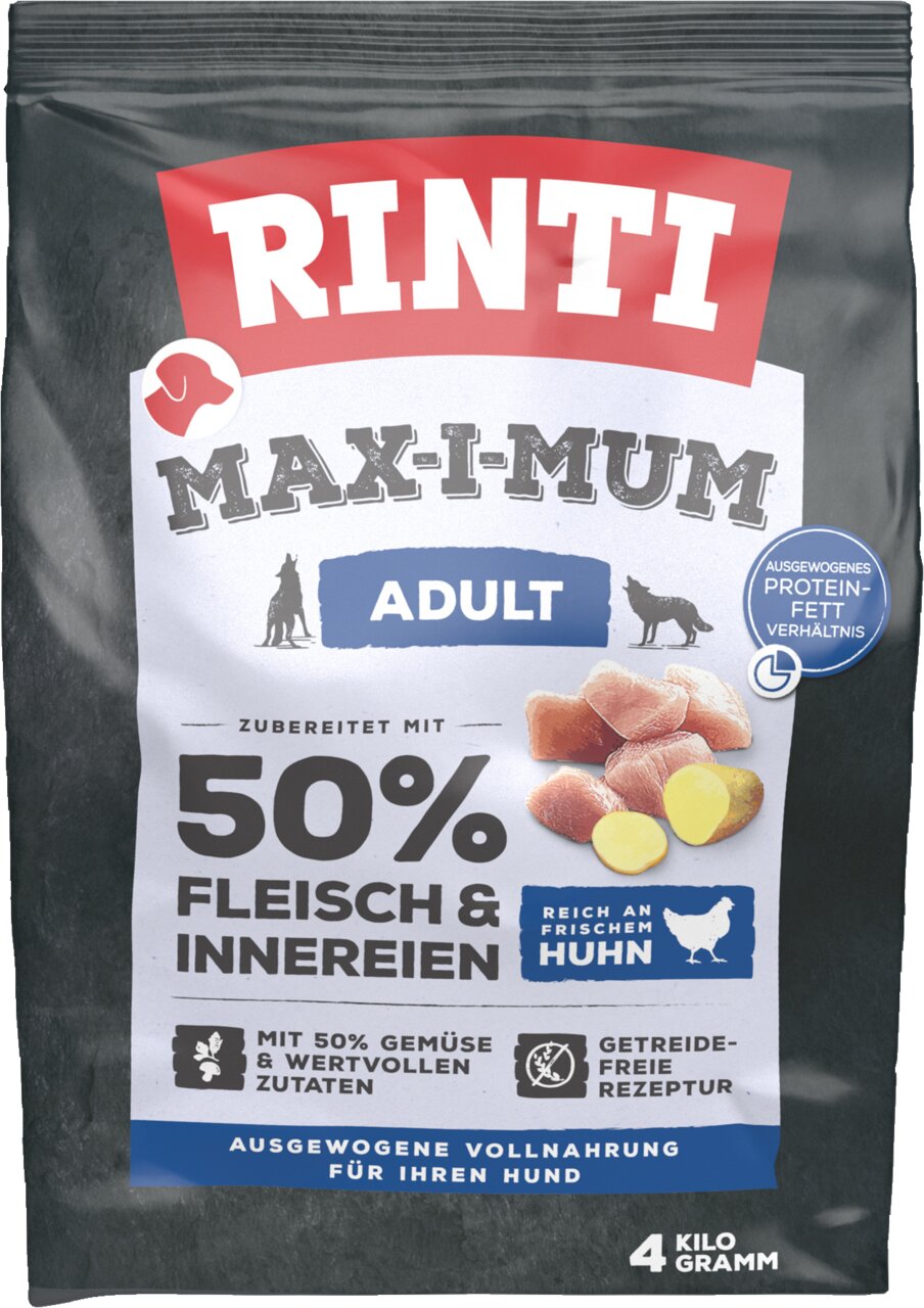 RINTI Max-I-Mum Adult, Hundefutter mit Huhn, getreidefrei, für erwachsene Hunde, 4 kg, 50% Fleisch und Gemüse.
