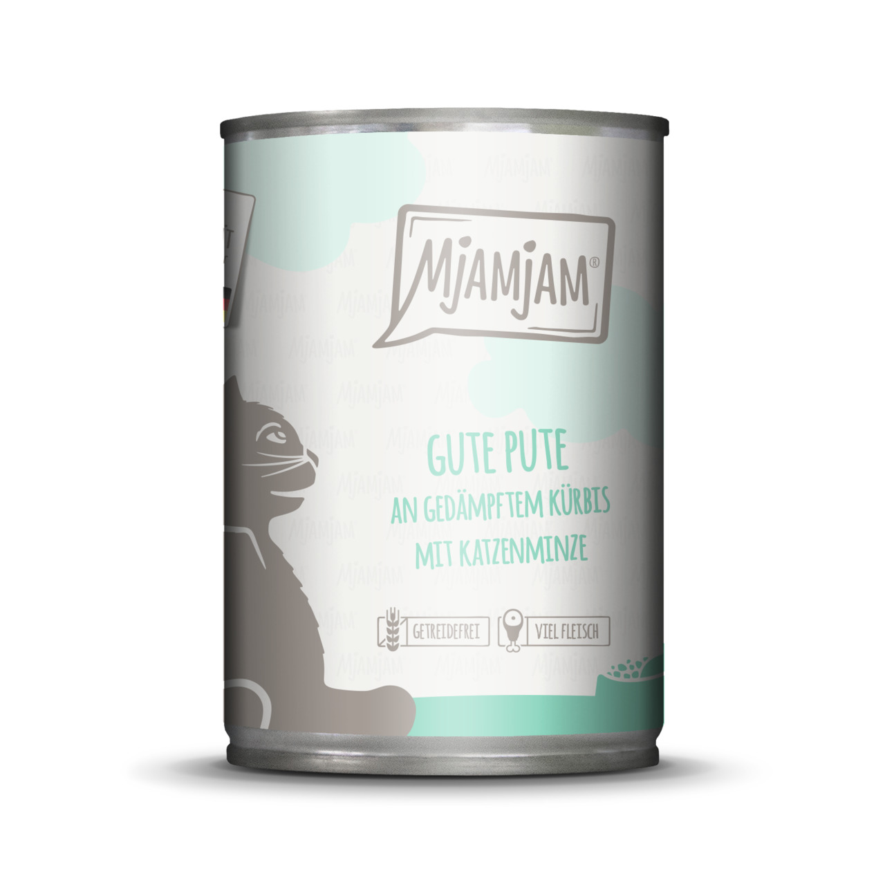 Mjamjam Katzenfutter „Gute Pute an Kürbis+Katzenminze“, 400 g, getreidefrei, viel Fleisch, für Katzen.