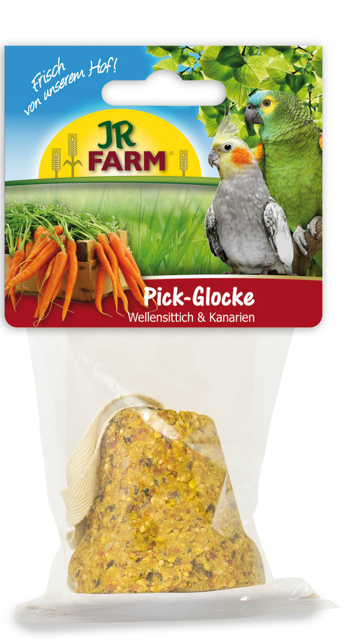 JR FARM Pick-Glocke, Ergänzungsfutter f. Wellensittiche-Kanarien, Geschmack: Gemüse (Karotte), mit Aufhängung, fördert Pickverhalten.