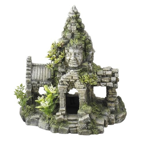 Dekoratives Aquarium-Accessoire der Marke AQUA DELLA, Modell "Angkor Wat". Geeignet für Aquarienliebhaber, die eine exotische Unterwasserlandschaft schaffen möchten. Das Design zeigt eine detailreiche Tempelruine mit grünen Pflanzenakzenten. Maße und Mate